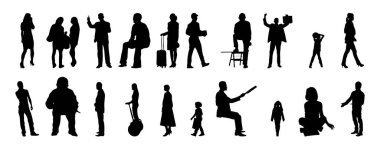 Vektör siluetleri, insanların ana hatları, Contour çizimleri, insanların siluetleri, ikon kümesi izole edilmiş, oturan insanların silueti, mimari set