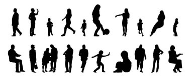 Vektör siluetleri, insanların ana hatları, Contour çizimleri, insanların siluetleri, ikon kümesi izole edilmiş, oturan insanların silueti, mimari set