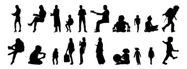 Vektör siluetleri, insanların ana hatları, Contour çizimleri, insanların siluetleri, ikon kümesi izole edilmiş, oturan insanların silueti, mimari set