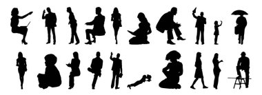 Vektör siluetleri, insanların ana hatları, Contour çizimleri, insanların siluetleri, ikon kümesi izole edilmiş, oturan insanların silueti, mimari set
