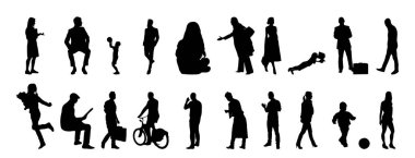 Vektör siluetleri, insanların ana hatları, Contour çizimleri, insanların siluetleri, ikon kümesi izole edilmiş, oturan insanların silueti, mimari set