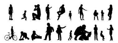 Vektör siluetleri, insanların ana hatları, Contour çizimleri, insanların siluetleri, ikon kümesi izole edilmiş, oturan insanların silueti, mimari set