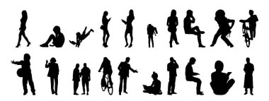 Vektör siluetleri, insanların ana hatları, Contour çizimleri, insanların siluetleri, ikon kümesi izole edilmiş, oturan insanların silueti, mimari set