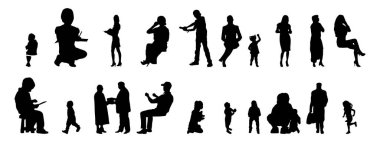 Vektör siluetleri, insanların ana hatları, Contour çizimleri, insanların siluetleri, ikon kümesi izole edilmiş, oturan insanların silueti, mimari set