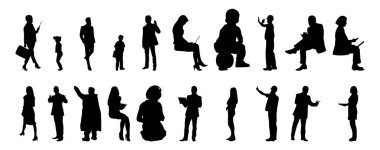 Vektör siluetleri, insanların ana hatları, Contour çizimleri, insanların siluetleri, ikon kümesi izole edilmiş, oturan insanların silueti, mimari set