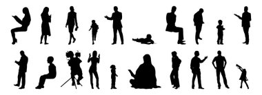 Vektör siluetleri, insanların ana hatları, Contour çizimleri, insanların siluetleri, ikon kümesi izole edilmiş, oturan insanların silueti, mimari set