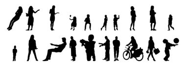 Vektör siluetleri, insanların ana hatları, Contour çizimleri, insanların siluetleri, ikon kümesi izole edilmiş, oturan insanların silueti, mimari set