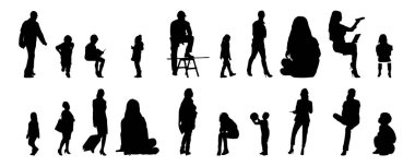 Vektör siluetleri, insanların ana hatları, Contour çizimleri, insanların siluetleri, ikon kümesi izole edilmiş, oturan insanların silueti, mimari set