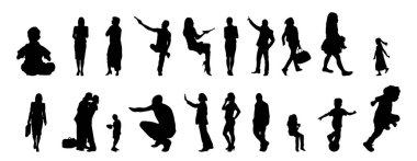 Vektör siluetleri, insanların ana hatları, Contour çizimleri, insanların siluetleri, ikon kümesi izole edilmiş, oturan insanların silueti, mimari set