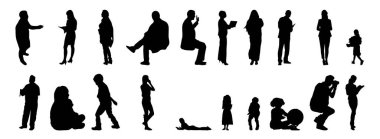Vektör siluetleri, insanların ana hatları, Contour çizimleri, insanların siluetleri, ikon kümesi izole edilmiş, oturan insanların silueti, mimari set