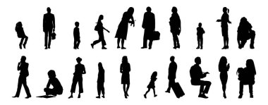 Vektör siluetleri, insanların ana hatları, Contour çizimleri, insanların siluetleri, ikon kümesi izole edilmiş, oturan insanların silueti, mimari set
