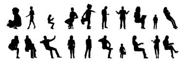 Vektör siluetleri, insanların ana hatları, Contour çizimleri, insanların siluetleri, ikon kümesi izole edilmiş, oturan insanların silueti, mimari set