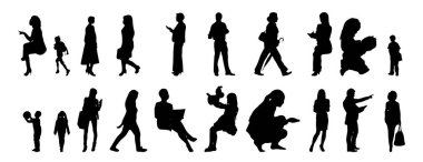 Vektör siluetleri, insanların ana hatları, Contour çizimleri, insanların siluetleri, ikon kümesi izole edilmiş, oturan insanların silueti, mimari set