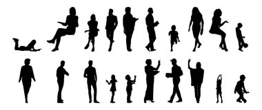 Vektör siluetleri, insanların ana hatları, Contour çizimleri, insanların siluetleri, ikon kümesi izole edilmiş, oturan insanların silueti, mimari set