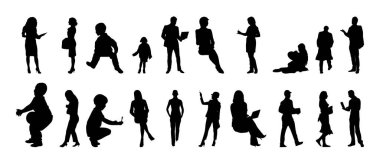 Vektör siluetleri, insanların ana hatları, Contour çizimleri, insanların siluetleri, ikon kümesi izole edilmiş, oturan insanların silueti, mimari set