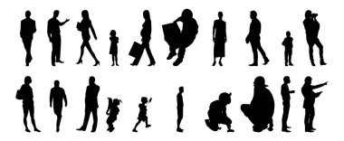 Vektör siluetleri, insanların ana hatları, Contour çizimleri, insanların siluetleri, ikon kümesi izole edilmiş, oturan insanların silueti, mimari set