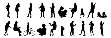 Vektör siluetleri, insanların ana hatları, Contour çizimleri, insanların siluetleri, ikon kümesi izole edilmiş, oturan insanların silueti, mimari set