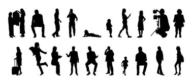 Vektör siluetleri, insanların ana hatları, Contour çizimleri, insanların siluetleri, ikon kümesi izole edilmiş, oturan insanların silueti, mimari set