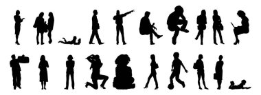 Vektör siluetleri, insanların ana hatları, Contour çizimleri, insanların siluetleri, ikon kümesi izole edilmiş, oturan insanların silueti, mimari set