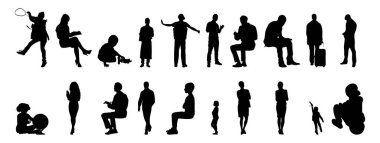 Vektör siluetleri, insanların ana hatları, Contour çizimleri, insanların siluetleri, ikon kümesi izole edilmiş, oturan insanların silueti, mimari set