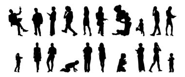 Vektör siluetleri, insanların ana hatları, Contour çizimleri, insanların siluetleri, ikon kümesi izole edilmiş, oturan insanların silueti, mimari set