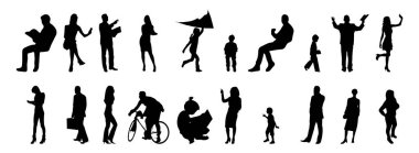 Vektör siluetleri, insanların ana hatları, Contour çizimleri, insanların siluetleri, ikon kümesi izole edilmiş, oturan insanların silueti, mimari set