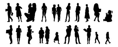 Vektör siluetleri, insanların ana hatları, Contour çizimleri, insanların siluetleri, ikon kümesi izole edilmiş, oturan insanların silueti, mimari set