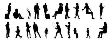 Vektör siluetleri, insanların ana hatları, Contour çizimleri, insanların siluetleri, ikon kümesi izole edilmiş, oturan insanların silueti, mimari set