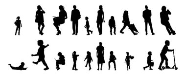 Vektör siluetleri, insanların ana hatları, Contour çizimleri, insanların siluetleri, ikon kümesi izole edilmiş, oturan insanların silueti, mimari set