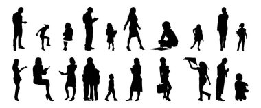 Vektör siluetleri, insanların ana hatları, Contour çizimleri, insanların siluetleri, ikon kümesi izole edilmiş, oturan insanların silueti, mimari set
