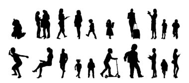 Vektör siluetleri, insanların ana hatları, Contour çizimleri, insanların siluetleri, ikon kümesi izole edilmiş, oturan insanların silueti, mimari set