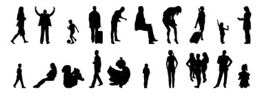 Vektör siluetleri, insanların ana hatları, Contour çizimleri, insanların siluetleri, ikon kümesi izole edilmiş, oturan insanların silueti, mimari set