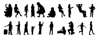 Vektör siluetleri, insanların ana hatları, Contour çizimleri, insanların siluetleri, ikon kümesi izole edilmiş, oturan insanların silueti, mimari set