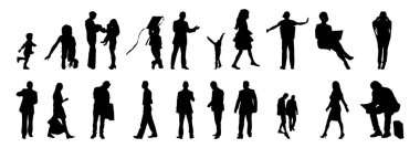 Vektör siluetleri, insanların ana hatları, Contour çizimleri, insanların siluetleri, ikon kümesi izole edilmiş, oturan insanların silueti, mimari set