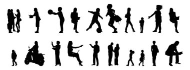 Vektör siluetleri, insanların ana hatları, Contour çizimleri, insanların siluetleri, ikon kümesi izole edilmiş, oturan insanların silueti, mimari set