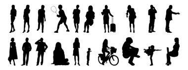 Vektör siluetleri, insanların ana hatları, Contour çizimleri, insanların siluetleri, ikon kümesi izole edilmiş, oturan insanların silueti, mimari set
