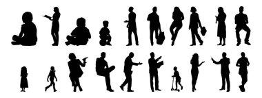 Vektör siluetleri, insanların ana hatları, Contour çizimleri, insanların siluetleri, ikon kümesi izole edilmiş, oturan insanların silueti, mimari set