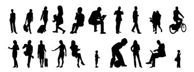 Vektör siluetleri, insanların ana hatları, Contour çizimleri, insanların siluetleri, ikon kümesi izole edilmiş, oturan insanların silueti, mimari set