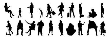 Vektör siluetleri, insanların ana hatları, Contour çizimleri, insanların siluetleri, ikon kümesi izole edilmiş, oturan insanların silueti, mimari set