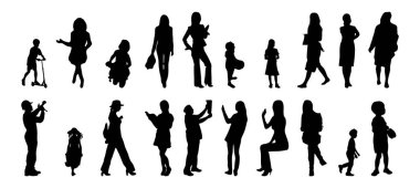 Vektör siluetleri, insanların ana hatları, Contour çizimleri, insanların siluetleri, ikon kümesi izole edilmiş, oturan insanların silueti, mimari set
