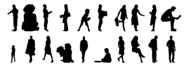 Vektör siluetleri, insanların ana hatları, Contour çizimleri, insanların siluetleri, ikon kümesi izole edilmiş, oturan insanların silueti, mimari set