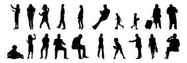 Vektör siluetleri, insanların ana hatları, Contour çizimleri, insanların siluetleri, ikon kümesi izole edilmiş, oturan insanların silueti, mimari set