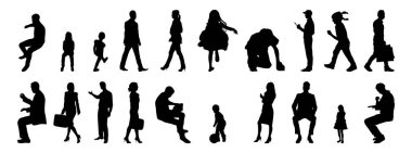 Vektör siluetleri, insanların ana hatları, Contour çizimleri, insanların siluetleri, ikon kümesi izole edilmiş, oturan insanların silueti, mimari set