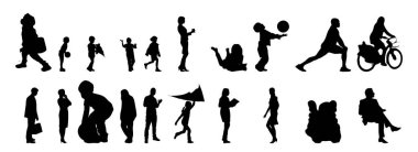 Vektör siluetleri, insanların ana hatları, Contour çizimleri, insanların siluetleri, ikon kümesi izole edilmiş, oturan insanların silueti, mimari set