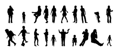 Vektör siluetleri, insanların ana hatları, Contour çizimleri, insanların siluetleri, ikon kümesi izole edilmiş, oturan insanların silueti, mimari set