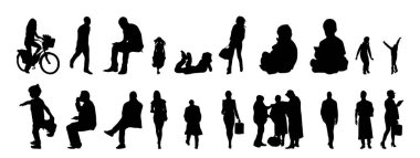 Vektör siluetleri, insanların ana hatları, Contour çizimleri, insanların siluetleri, ikon kümesi izole edilmiş, oturan insanların silueti, mimari set