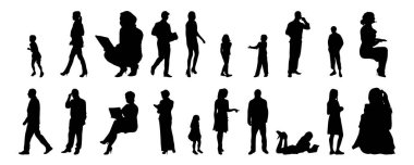 Vektör siluetleri, insanların ana hatları, Contour çizimleri, insanların siluetleri, ikon kümesi izole edilmiş, oturan insanların silueti, mimari set