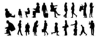 Vektör siluetleri, insanların ana hatları, Contour çizimleri, insanların siluetleri, ikon kümesi izole edilmiş, oturan insanların silueti, mimari set