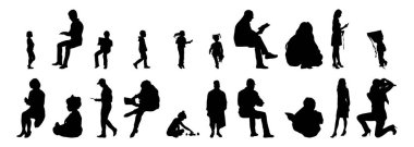 Vektör siluetleri, insanların ana hatları, Contour çizimleri, insanların siluetleri, ikon kümesi izole edilmiş, oturan insanların silueti, mimari set