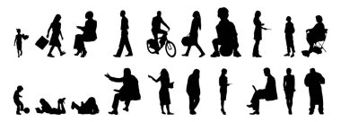 Vektör siluetleri, insanların ana hatları, Contour çizimleri, insanların siluetleri, ikon kümesi izole edilmiş, oturan insanların silueti, mimari set